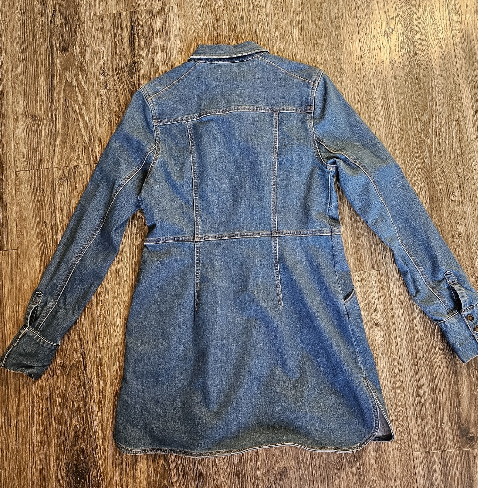 Free People Dynomite Stretch Denim Button Long Sleeve Pocket Mini Dress Medium - Picture 5 of 10